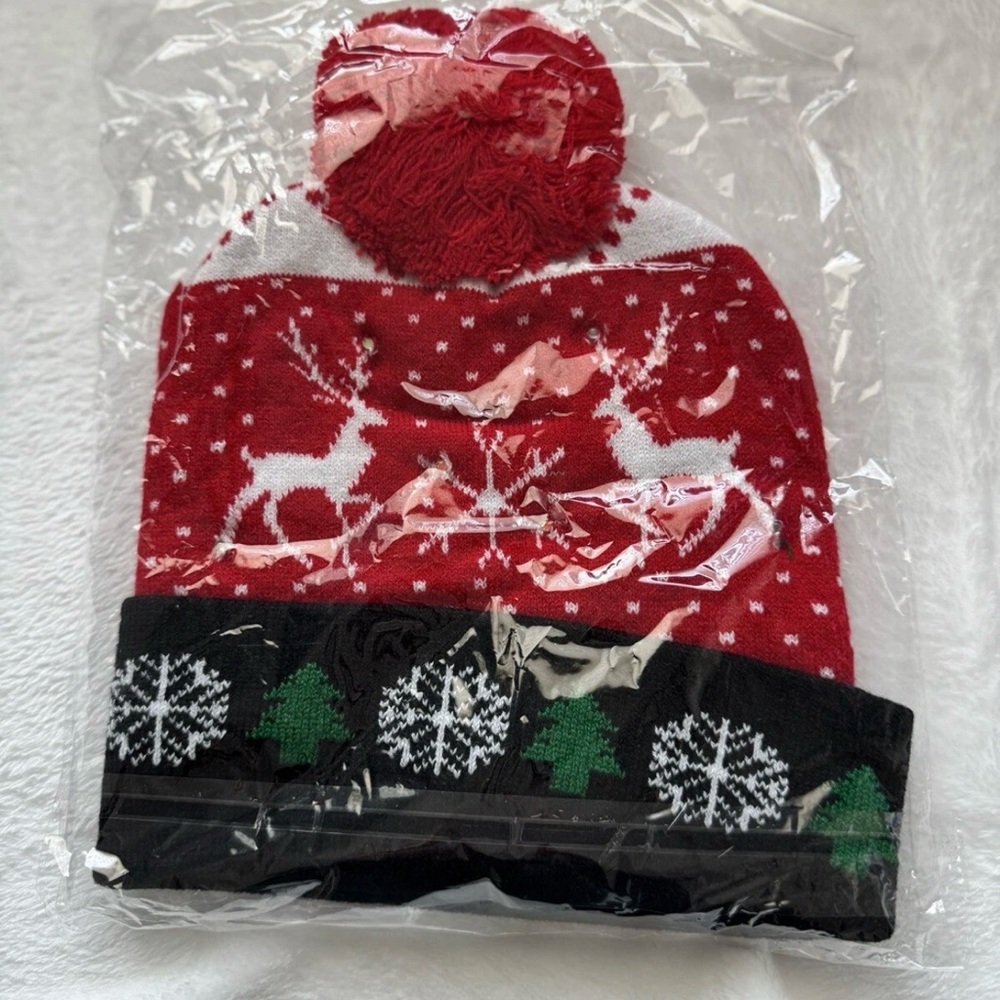 Double Deer printing Light Up Christmas Hat, LED Christmas Beanie Unisex.
